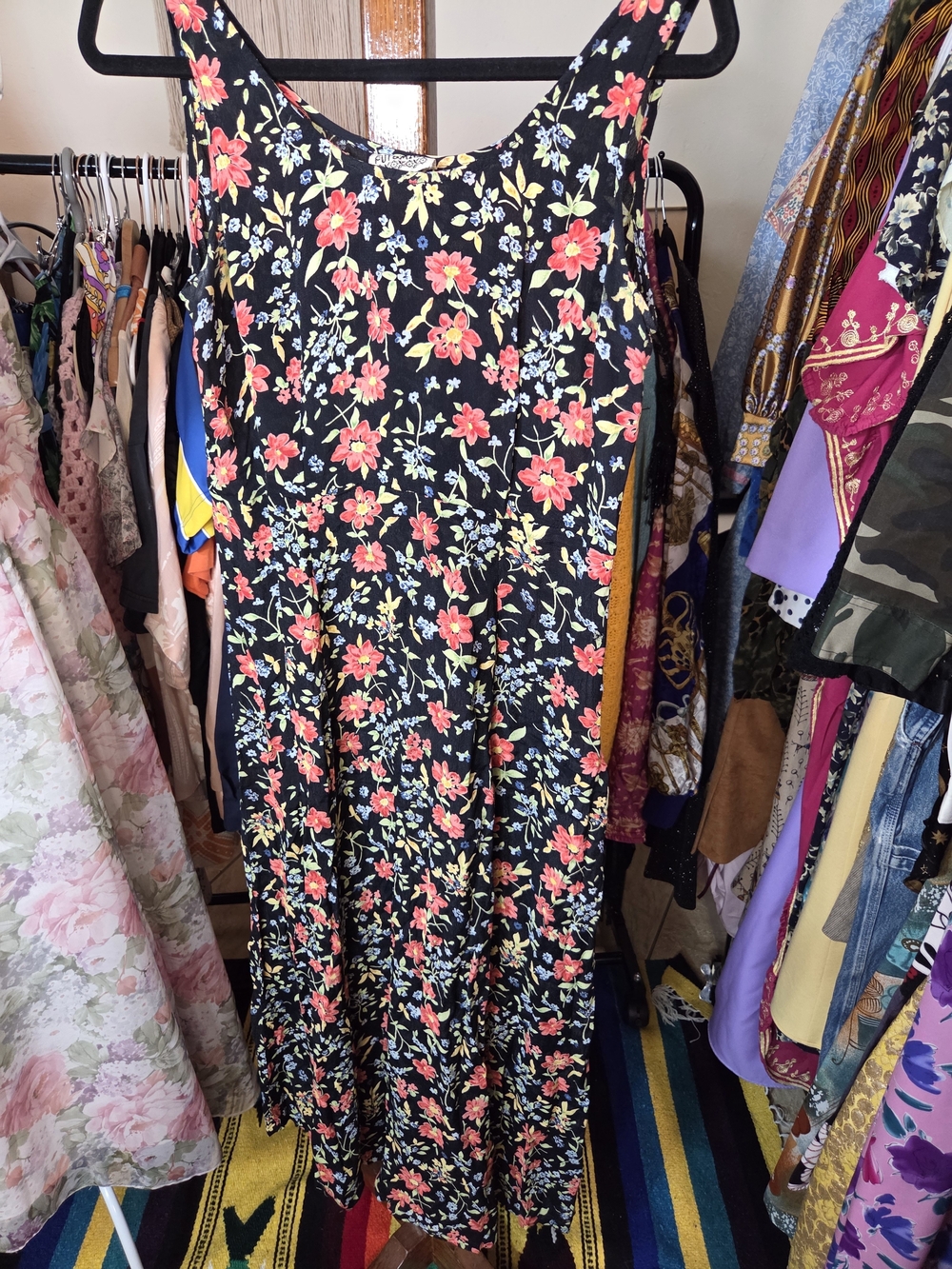 90s Sheer Like Black Floral Maxi Dress with Coral & Green Print